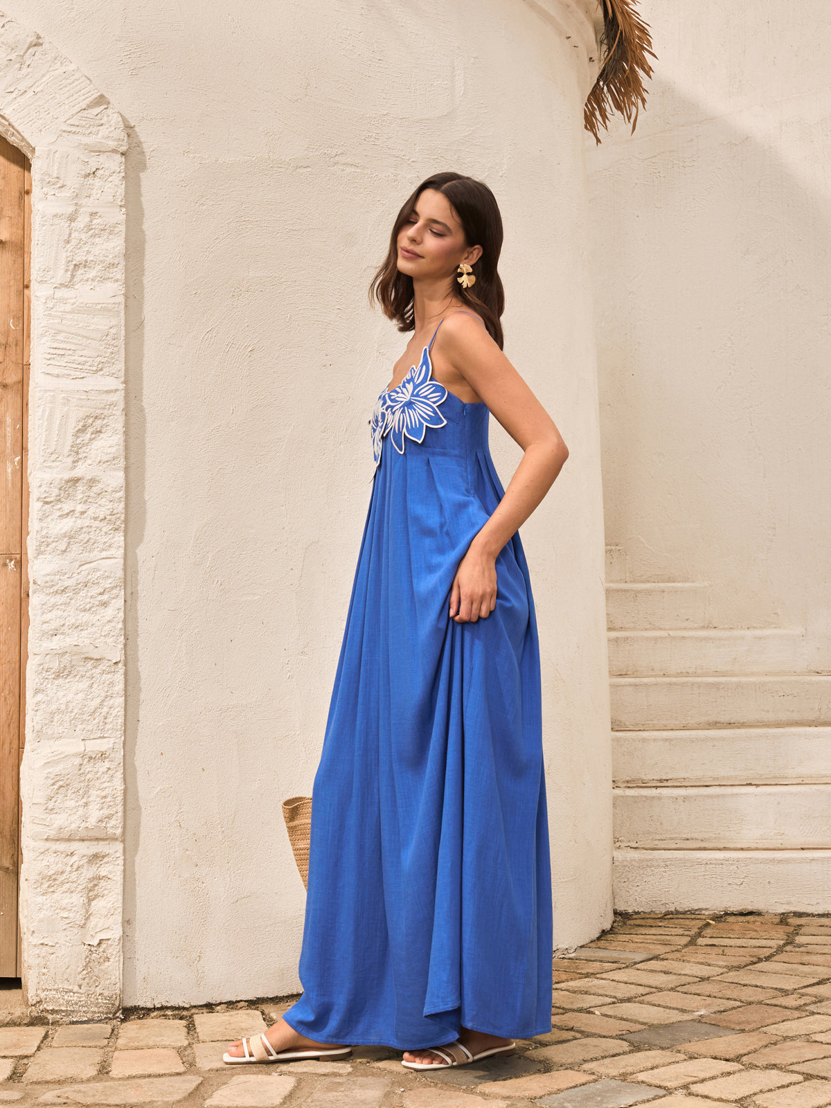 Robe Camisole Florale en Coton et Lin avec Poches