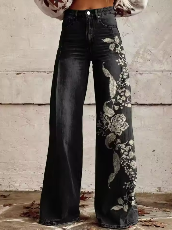 Amaraine™ I Pantalons Floraux Chic Noir Vintage